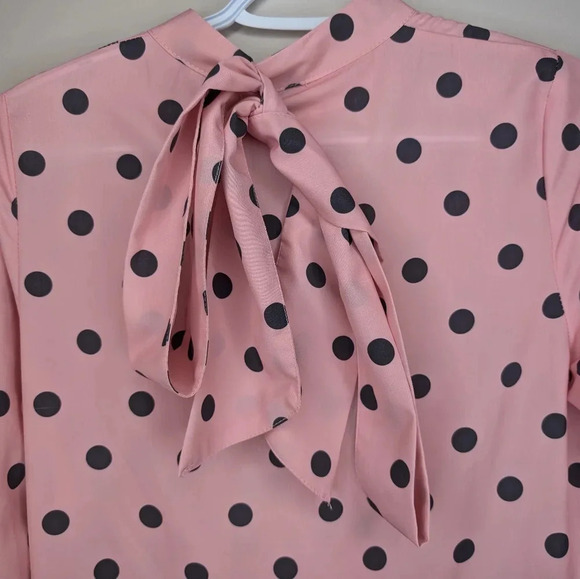 Polka Dot Dress Ascot Neck Tie Bow Pink Black Full Button Down Midi Length Small - Picture 3 of 13